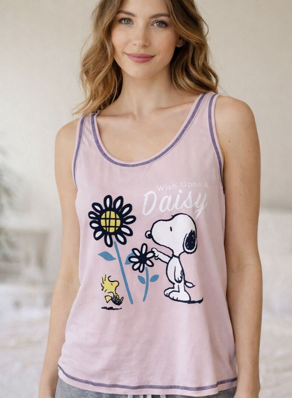 Peanuts Snoopy Daisy Graphic Tank Top Soft Pink Sleep Lounge Pajama Womens M NWT